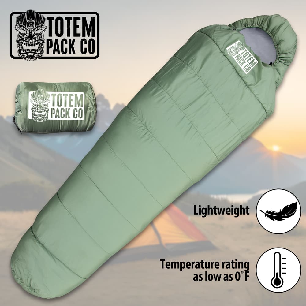 Full image of the Totem Pack Co. Army Green Mummy Sleeping Bag and the carrying bag. image number 0